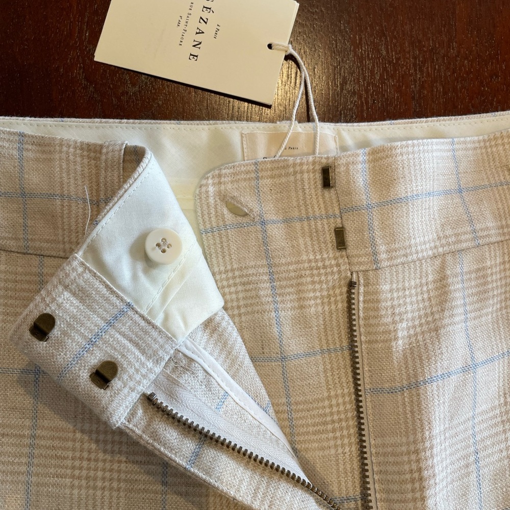 Sézane Cream Plaid Tailored Trousers with Light Blue Windowpane - (Tags Removed)